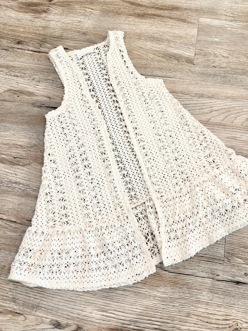 Tween Diva Cream Crochet Open Front Vest Girls 10/12 Boho Flare Hem School